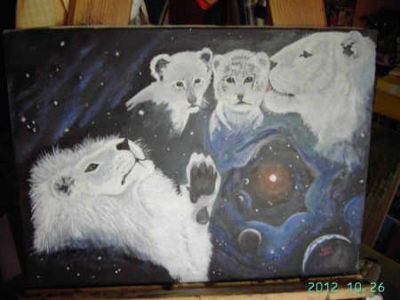 Witte leeuwenfamilie in de cosmos50x 70 cm op verzoek Olieverf op doek